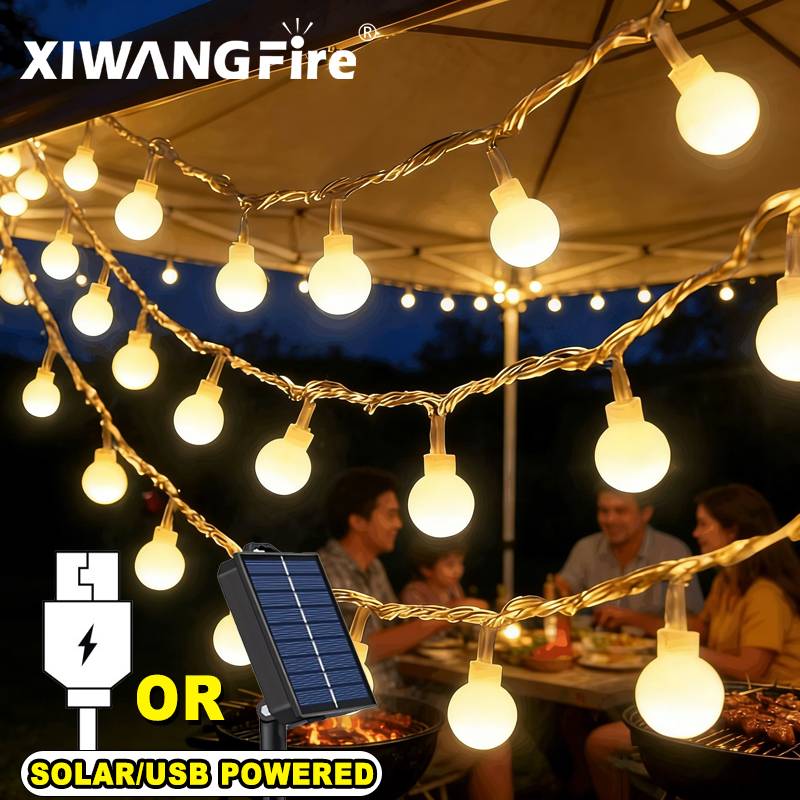 Outdoor Lighting Decoration - Lampu String Tenaga Surya/USB/Baterai 3-10M, Bola